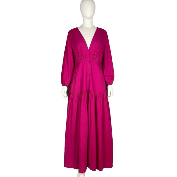 Free People Kendra  Dress Tiered Maxi Button Front Long Sleeve in Magenta Size L - Picture 1 of 13